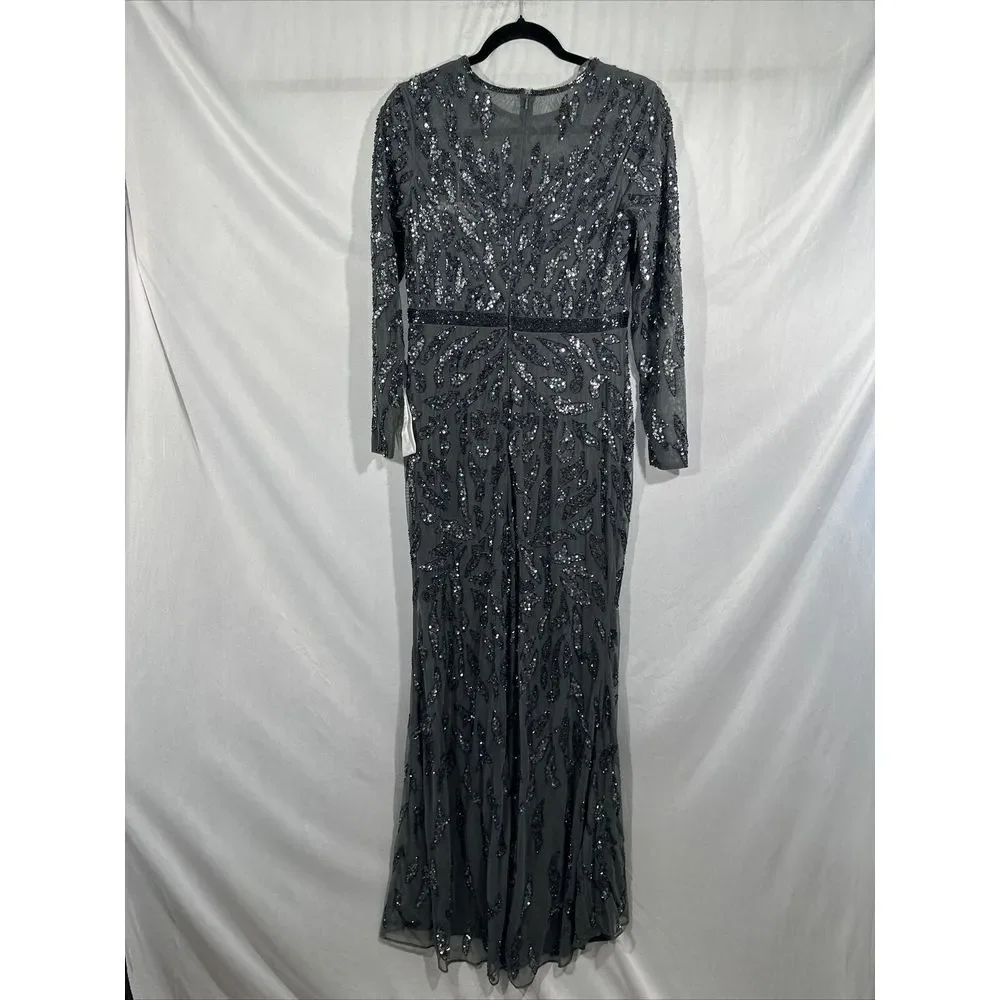 NWT $598 Mac Duggal [‎ 8 ] Beaded Long Sleeve Evening Gown 5124 Charcoal